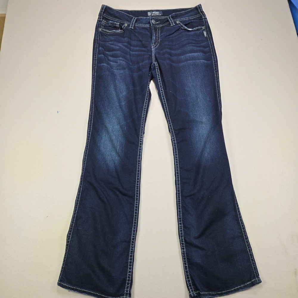 Silver Jeans Co Suki Mid Slim Boot Dark Wash Flap Pocket Jeans Womens 34x33